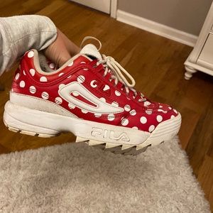 Red and white polka dot Fila tennis shoes